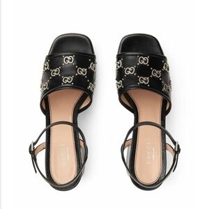 Gucci Black Studded Heels leather size 6 Authentic Janaya GG logo